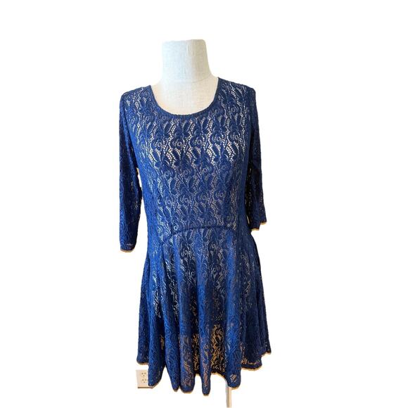 Fishbowl Fit & Flare Dress Women Large Navy Blue Lace Floral Round Neck Back Zip - Picture 2 of 9